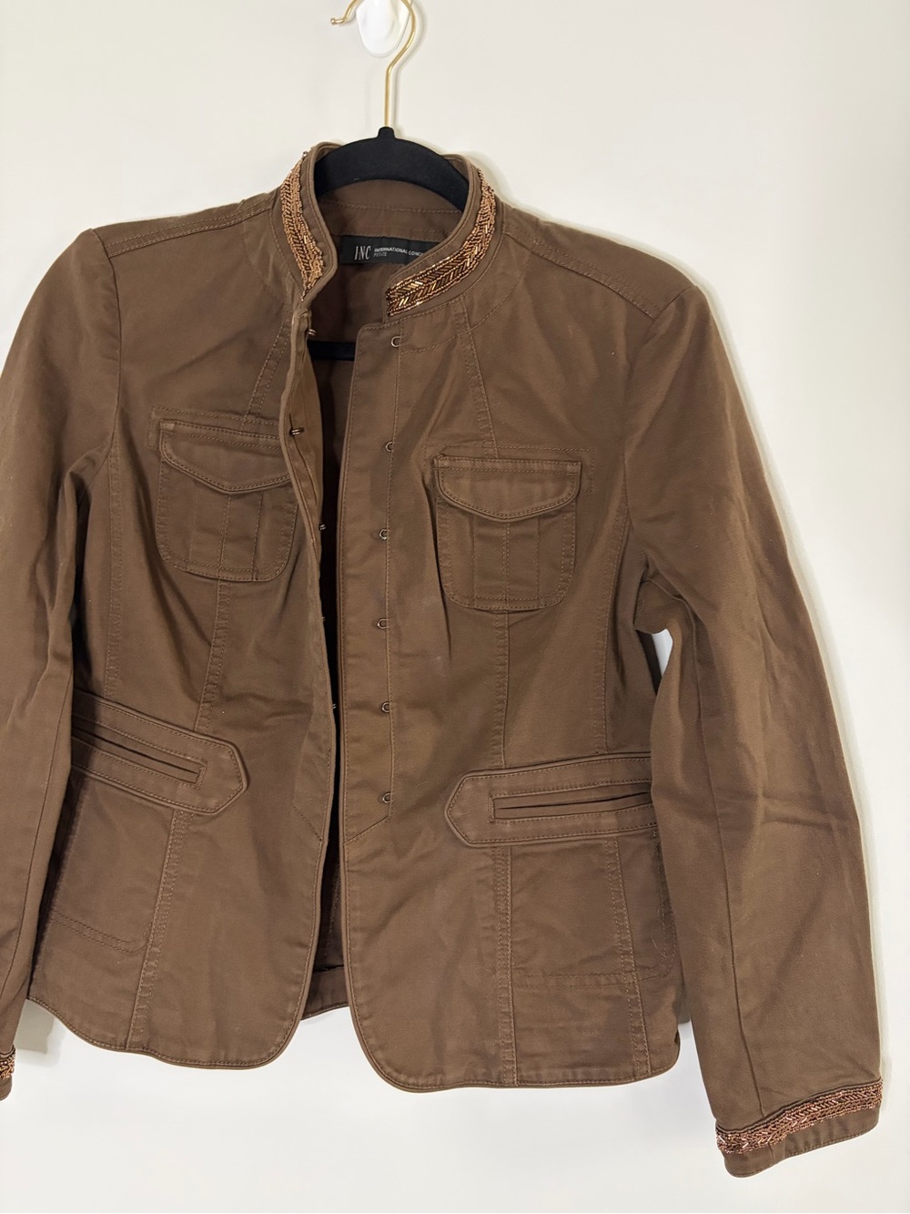 INC Y2K Brown Military-Style Utility Jacket with Beaded Embellishments Size PS